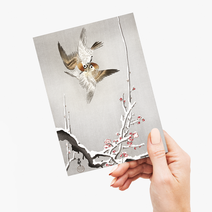 Sparrows and snowy plum tree By Ohara Koson - Greeting Card