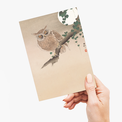 Owl perched on a tree branch and full moon By Ohara Koson - Greeting Card