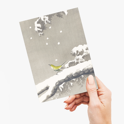 Wagtail on a snowy bough By Ohara Koson - Greeting Card