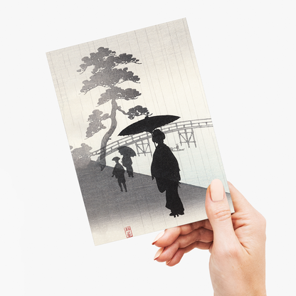 Geisha with umbrella silhouette woodblock - Greeting Card