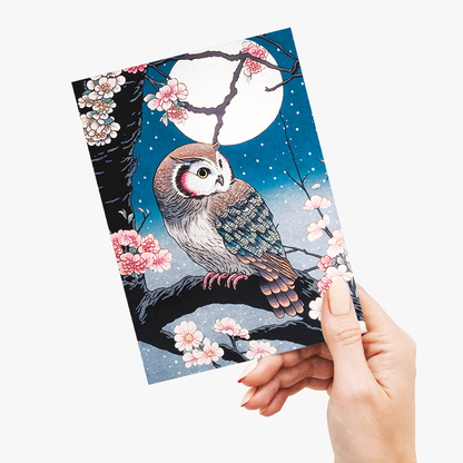 Owl on blossom with a full moon - Greeting Card
