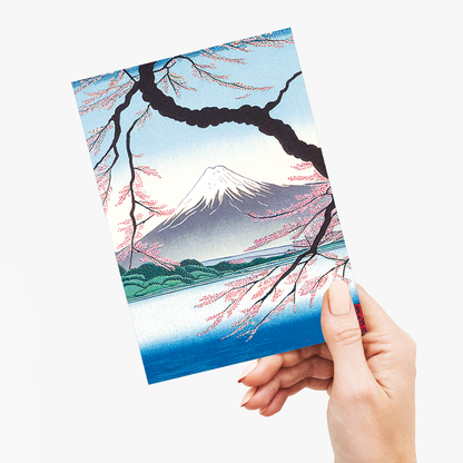 Mount Fuji framed by blossoms and a river - Greeting Card