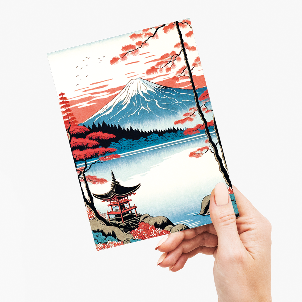 The Majesty of Mount Fuji: A Serene Lake and Red Shrine - Greeting Card