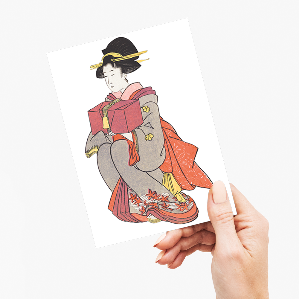 Japanese woman holding box By Kitagawa - Greeting Card