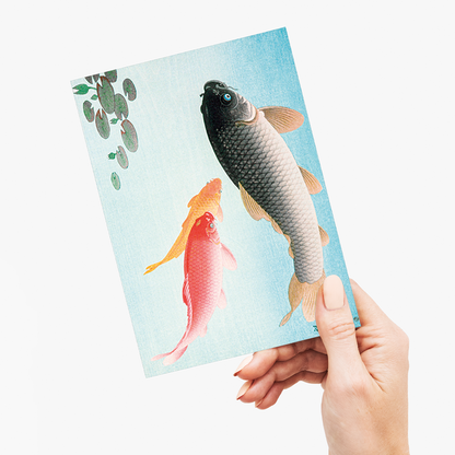 Common and Golden Carp by Ohara Koson. - Greeting Card
