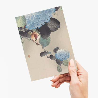 Sparrow and blue-white hortensia by Ohara Koson  - Greeting Card