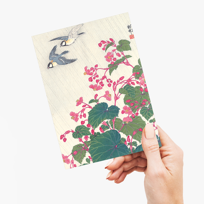 Two bird and begonia in rain by Ohara Shoson - Greeting Card