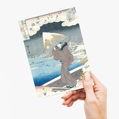 Ferry Boat on the Sumida River in Snow - Greeting Card