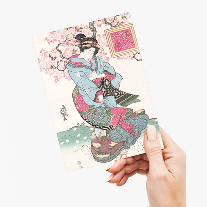 Japanese woman and cherry blossom I by Keisai Eisen - Greeting Card
