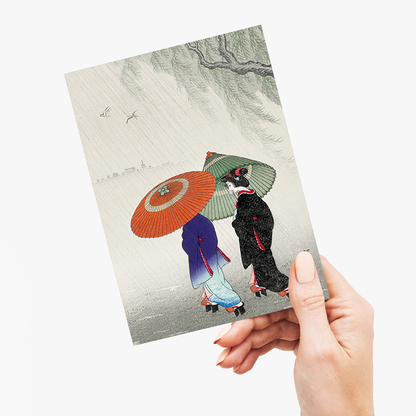 Two women in the rain by Ohara Koson - Greeting Card
