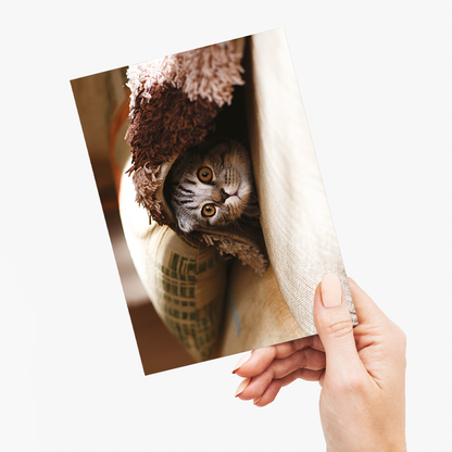 Cute cat hiding under blanket - Greeting Card
