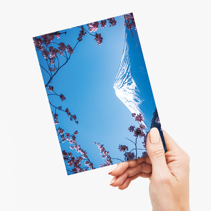 Blooming pink blossom branches with Fuji Mountain - Greeting Card
