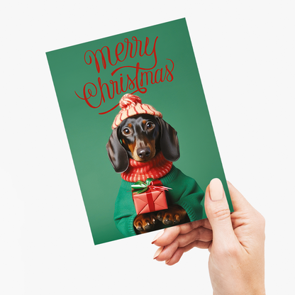 Dachshund handing a gift - Greeting Card