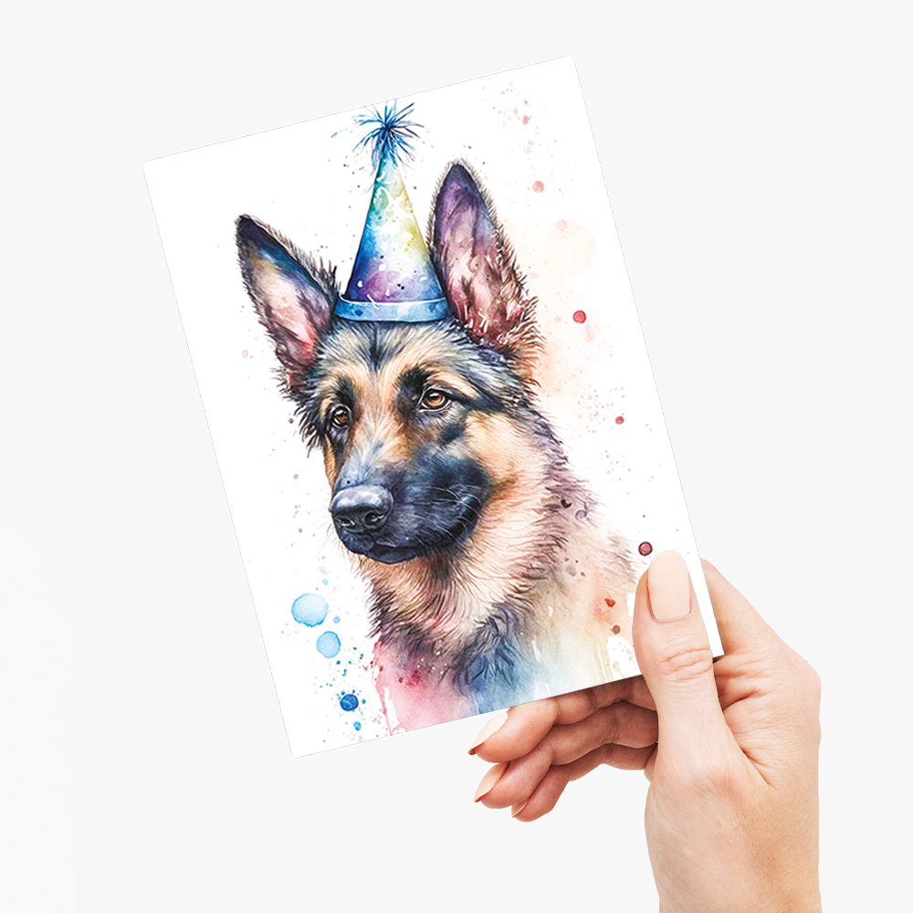 German shepherd wearing a party hat - Greeting Card