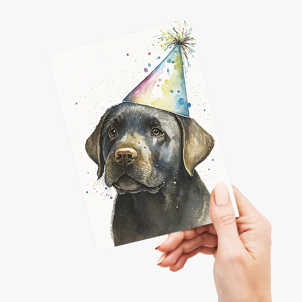Black labrador wearing a party hat - Greeting Card