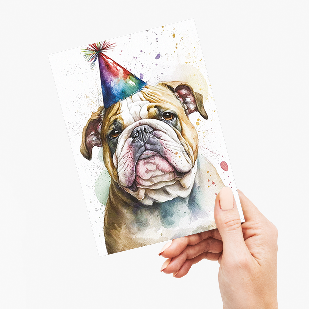 Engelse bulldog wearing a party hat - Greeting Card