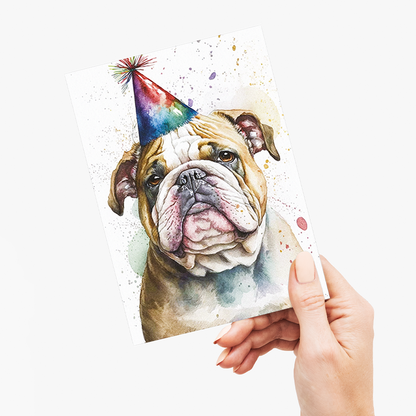 Engelse bulldog wearing a party hat - Greeting Card