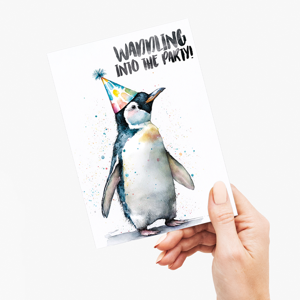 Penguin waddling into the party - Greeting Card