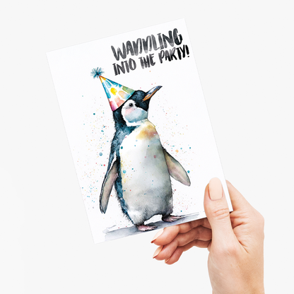 Penguin waddling into the party - Greeting Card