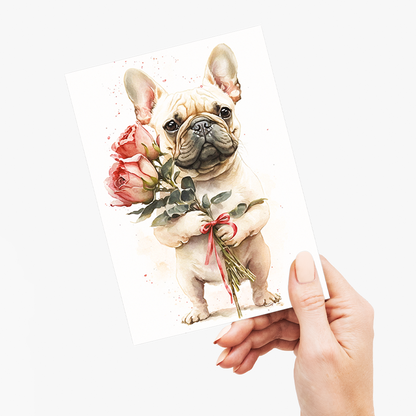 French bulldog bringing flowers - Greeting Card
