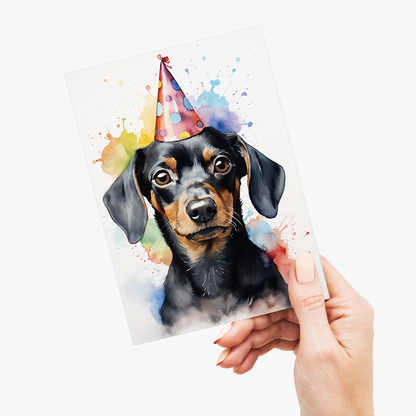dachshund wearing a party hat (watercolour style) - Greeting Card
