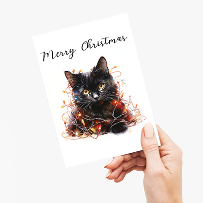 Black Cat tangled in Christmas light - Greeting Card
