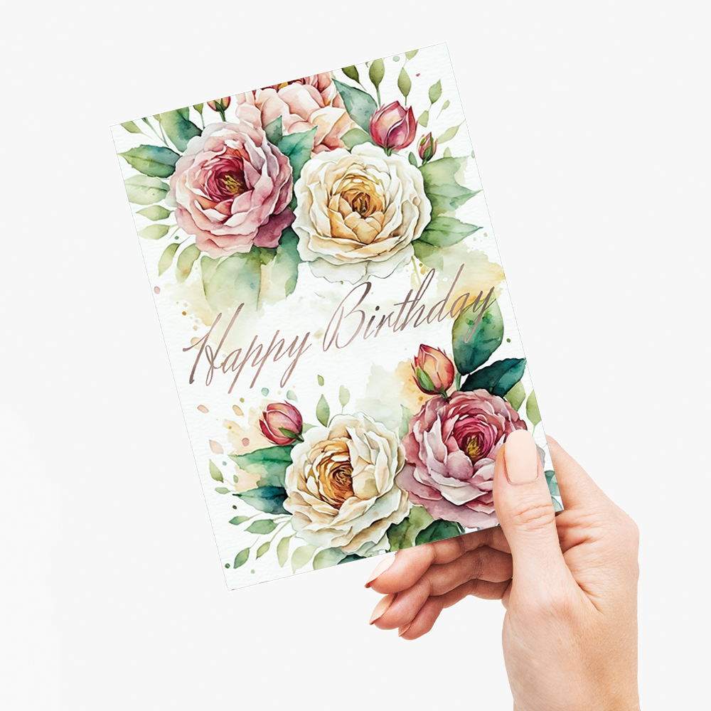 Happy Birthday Pink And White Roses - Wenskaart