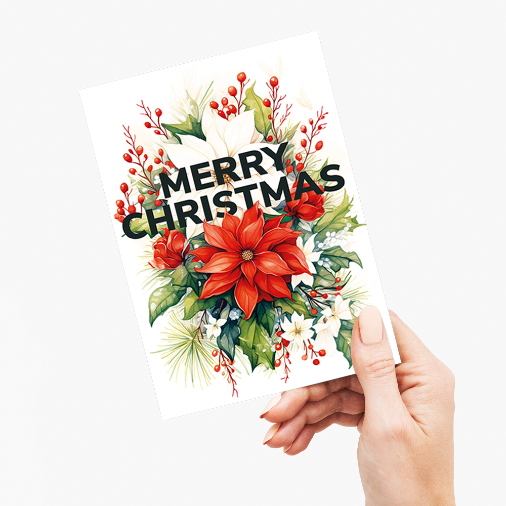 Merry Christmas Holly and Poinsettia - Wenskaart