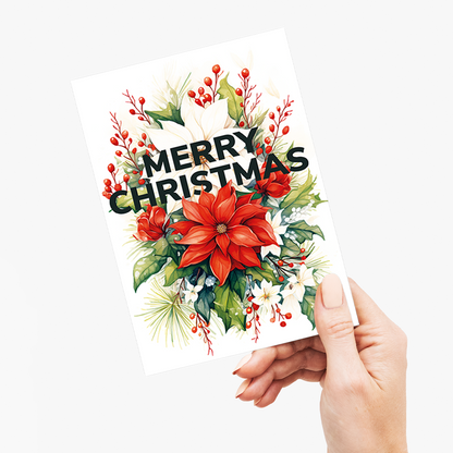Merry Christmas Holly and Poinsettia - Wenskaart
